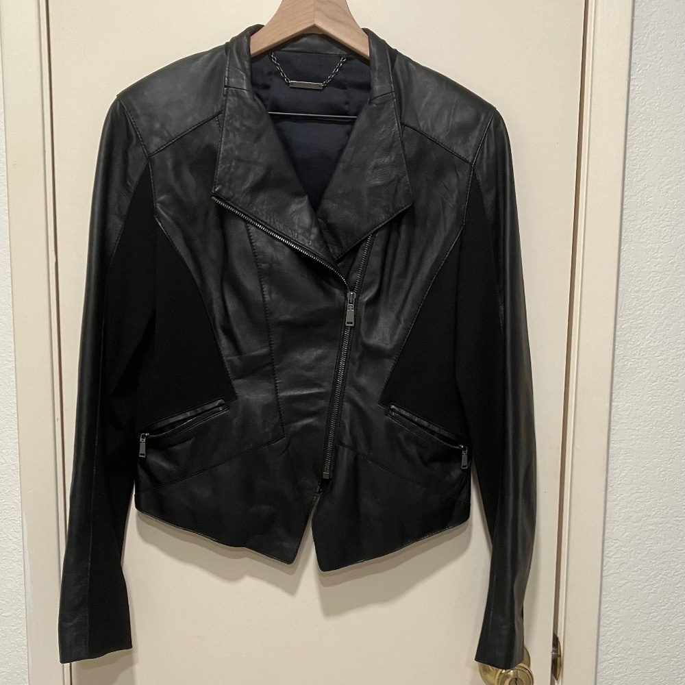 Elie Tahari Lambskin Leather asymmetrical moto/bomber zip jacket SMALL